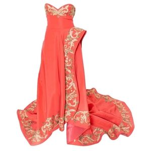 ♧$16,000 OSCAR DE LA RENTA GOLD BEAD EMBROID ORANGE SILK RUNWAY DRESS GOWN US 2